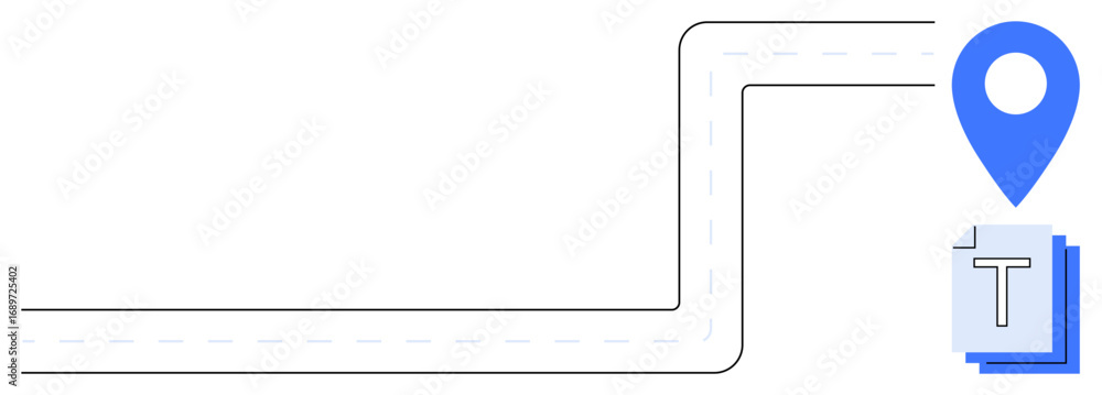 Poster curved road with dashed lines leading to a blue location pin over a stack of documents. ideal for na