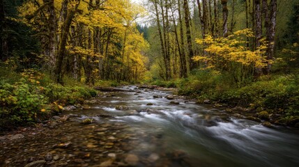 Fototapeta premium Tranquil river meanders through a picturesque autumn woodland, illuminated by the warm hues of golden leaves