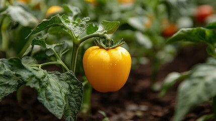 Vibrant yellow tomato ripening on the vine in an organic garden, showcasing fresh produce and healthy growth on a sunny day with natural light