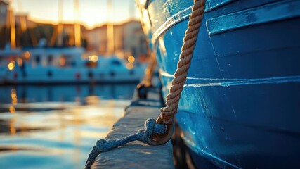 Peaceful harbor scene with a blue fishing boat docked at sunset.