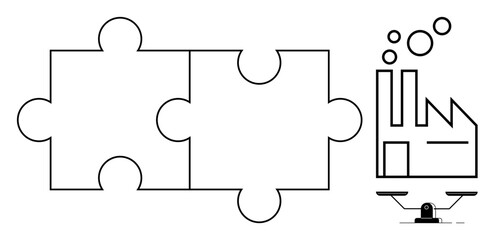 Two connected puzzle pieces represent collaboration a factory with balancing scale symbolizes industrial harmony. Ideal for teamwork, partnership, industry, balance, problem-solving, organization