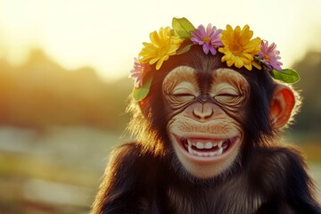 Cute baby animal chimpanzee wearing untamed flower wreath on its head. Summer happiness. Golden hour in sunset. Gentle wild beauty in summer. Wild nature in full bloom. Dreamy wilderness scen.
