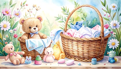 Watercolor illustration of teddy bears and baby items in a garden setting