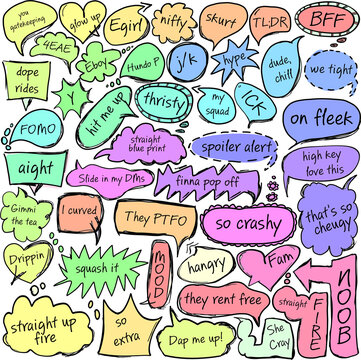 Collection of Gen Z Slang Terms and Phrases used by Teens and Tweens, in Speech Bubbles on Transparent Background