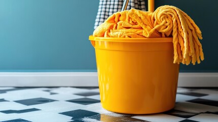 Essential household cleaning supplies, featuring a vibrant yellow bucket, mop, and cloth, ready to tackle any mess and maintain a pristine living space with ease