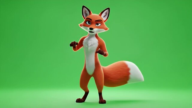 An angry and sly 3D cartoon fox character standing in a defiant pose on a green screen background