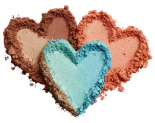 Three overlapping heart shapes, formed from cosmetic powder in varying shades of peach, brown, and teal, on a black background