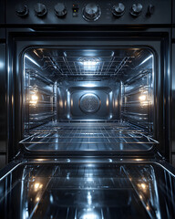 Empty interior of a stainless steel oven with the door open.