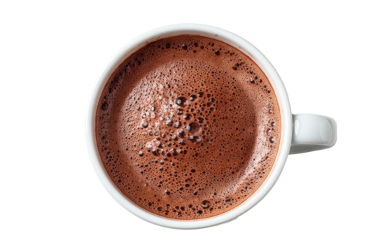 Top-down view of a steaming mug of hot chocolate