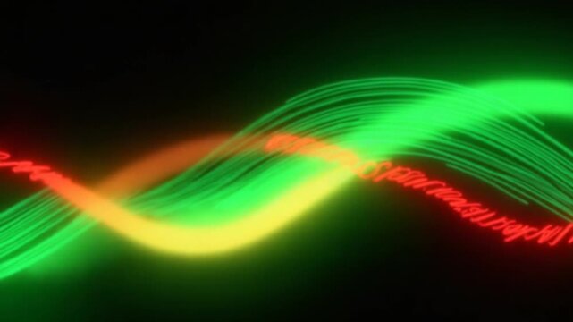 Abstract waving neon lines of green and red color on black background, seamless loop. Animation. Beautiful curved gradient stripes moving from top to bottom.