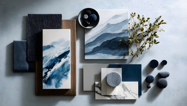Elegant moodboard displaying a serene blue and white color palette with natural textures and elements for interior design inspiration