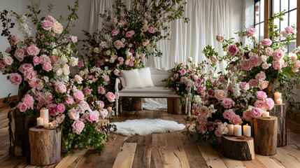 Fototapeta premium Floral arrangement with bench and candles in a room.