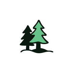 Two simple, outlined evergreen trees, one dark, one light green, sit on a simple, outlined base of land