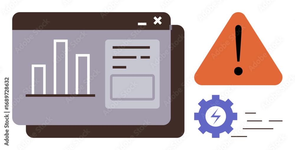 Poster analytics interface showing bar chart and text panel, orange warning sign, and gear with lightning b