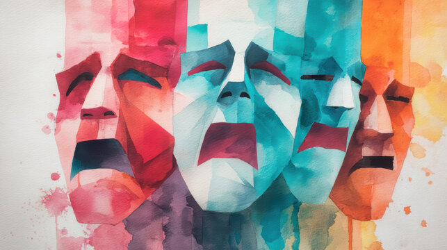 A vibrant watercolor depiction of expressive faces, conveying deep emotions of anguish and despair through bold colors and abstract forms.
