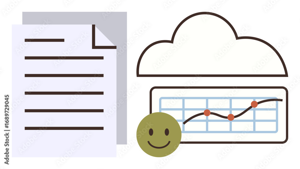 Poster paper document, cloud with line graph showing positive trend, happy face representing satisfaction. 