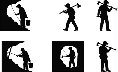 Obraz premium Mining worker silhouettes, coal miners with pickaxe, underground labor, cave excavation, helmet headlamp, industrial work, mining tools, hard labor, black silhouette art
