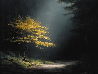 Fototapeta premium Ethereal golden tree illuminates a winding forest path, creating a mystical and tranquil atmosphere in the deep, dark woods
