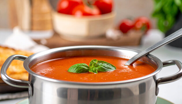 Close-up of a pot of tomato soup with a spoon against a kitchen background. - Powered by Adobe