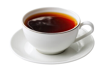A full, rich cup of dark tea sits in a white porcelain teacup and saucer, isolated against a black background.  The tea is a deep amber color, reflecting light.  