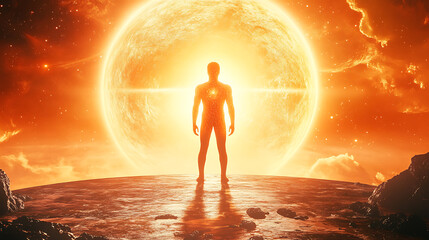 Silhouette of a Human Figure Standing Before a Luminous Celestial Body in a Fiery Sky