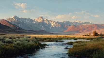 Serene Landscape Tranquil River Flowing Through Valley with Majestic Mountains