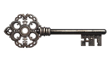 Ornate antique key on white background