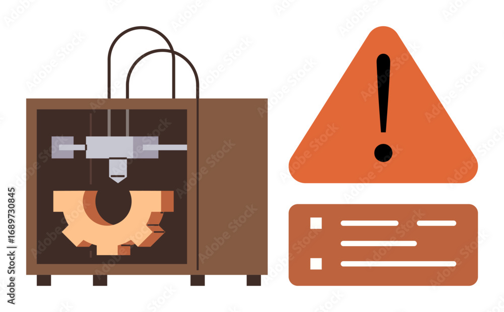 Poster 3d printing machine with gear in progress and exclamation in triangle indicating caution. ideal for 