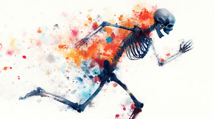 Obraz premium A colorful illustration of a skeleton running, surrounded by vibrant splashes of paint, symbolizing vitality and energy.