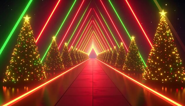 Neon Christmas tunnel, futuristic, festive