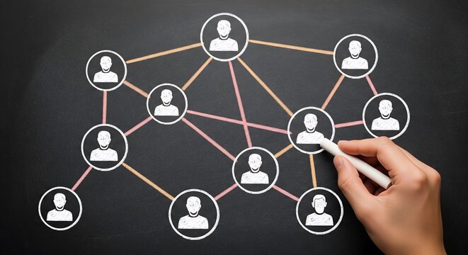A hand drawing a network of interconnected user icons on a dark chalkboard, illustrating a social connection or communication system. - Powered by Adobe