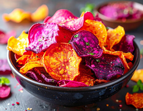 Bowl overflowing with crispy homemade salted vegetable chips, closeup. AI - Powered by Adobe