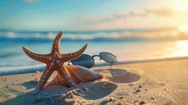 Starfish, shells and sunset on sandy beach.