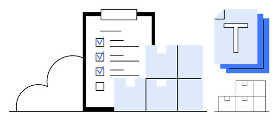 Checklist clipboard with marked items, stacked shipping boxes, and layered documents. Ideal for logistics, inventory, warehouse management, task tracking, organization, document workflow simple