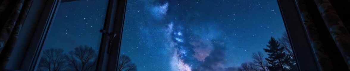 Fototapeta premium Dark, starlit night sky visible through a bedroom window, seen from below, creating a celestial ceiling effect Perfect for relaxation, sleep, or astronomy themes , relaxation, perspective