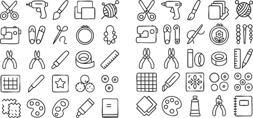 Set of handdrawn arts and crafts supply icons.