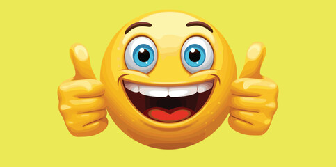 Smiling emoji showing both thumbs up, cartoon emoticon character on yellow background, happy expression, cheerful reaction, positive feedback icon, joyful comic face