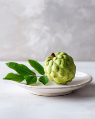 Obraz premium Fresh cherimoya fruit with green leaves styled simply on a white ceramic plate.