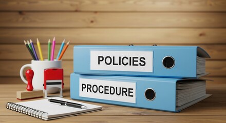 Light blue file folders labeled "Policies" and "Procedure" sit on a wooden surface, accompanied by office supplies.
