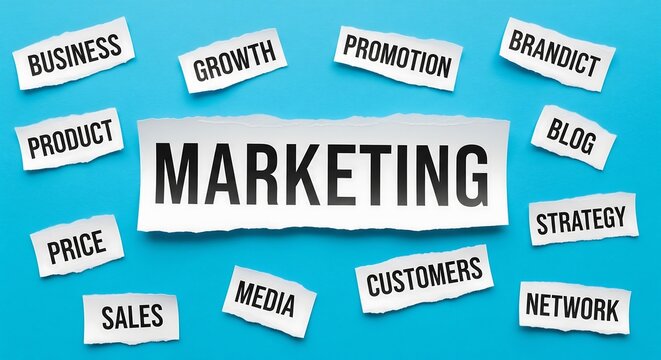 Marketing strategy concept illustrated with torn paper pieces featuring key marketing terms on a blue background. - Powered by Adobe