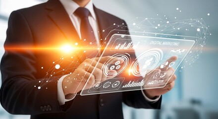A businessman in a suit interacts with a futuristic digital tablet, showcasing data visualization.