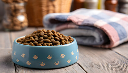 Wet pet food in ceramic bowl. Cozy home kitchen