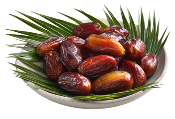 Dried dates in a bowl, palm leaves
