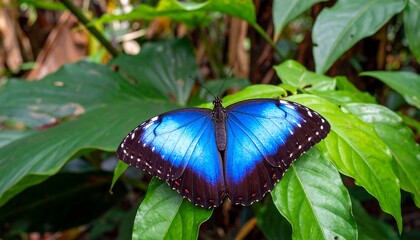Vibrant blue butterfly on lush foliage (1)