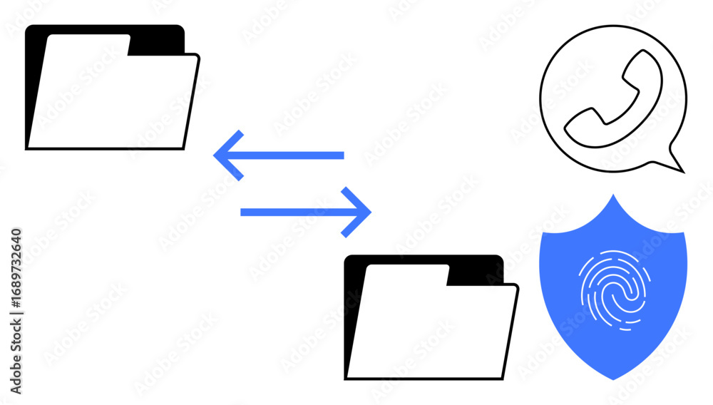 Poster two folders connected by arrows, a shield with a fingerprint, and a phone icon representing secure c