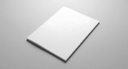 Blank white book or magazine mockup resting on a light gray surface, angled view.