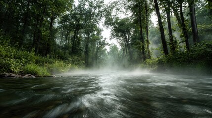 Misty river flowing through a tranquil, ancient forest, capturing the serene beauty of untouched wilderness with a magical, ethereal atmosphere