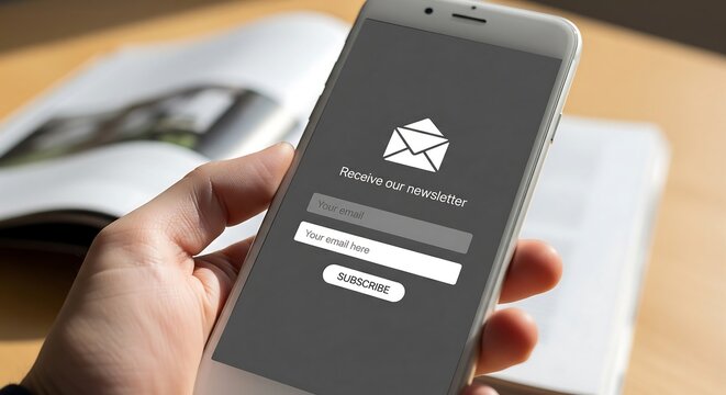 Hand holding a smartphone displaying a newsletter subscription form, with a blurred magazine in the background.