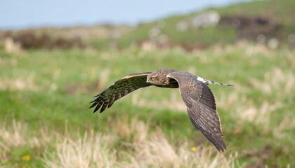 Bird of prey soaring over grassy landscape