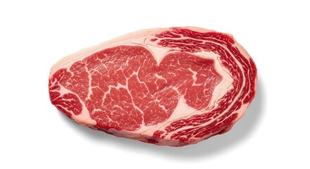 Fototapeta premium Raw, uncooked ribeye steak, presented on a white background, showcasing its marbling and texture.